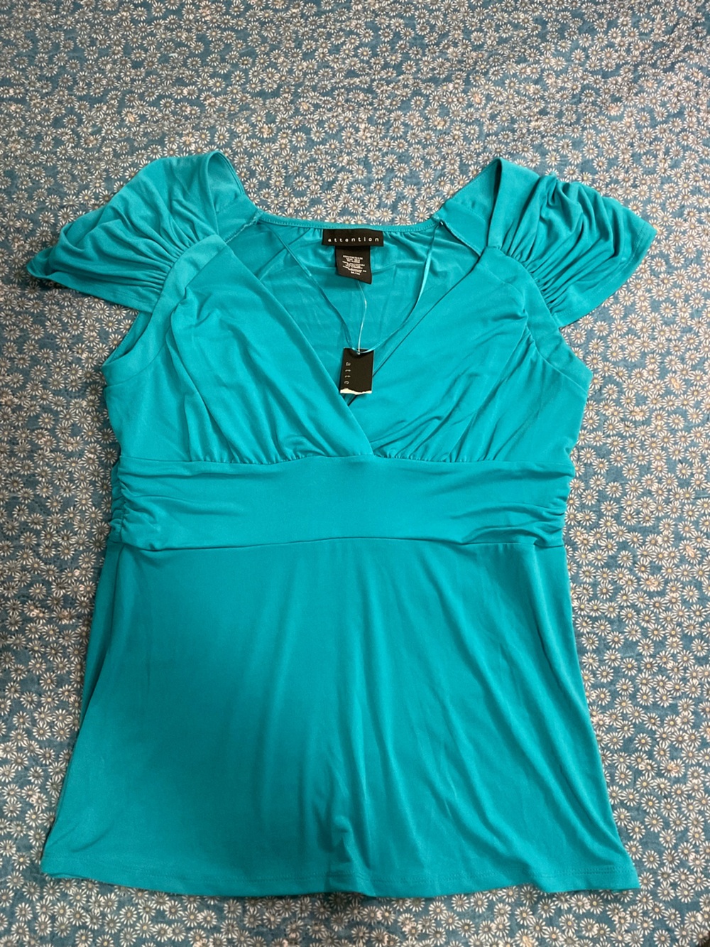 attention Women's Teal V-Neck Ruched Empire-Waist Top